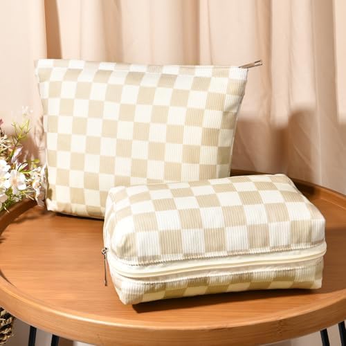 SOIDRAM 2 Pcs Checkered Makeup Bag Large Cosmetic Bag Toiletry Bag Makeup Pouch - Image 2