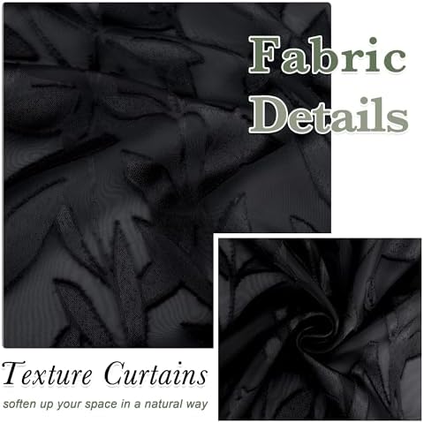 Lecloud Leia Black Sheer Kitchen Curtains 18 Inch Length 2 Pcs, Jacquard Leaf - Image 4
