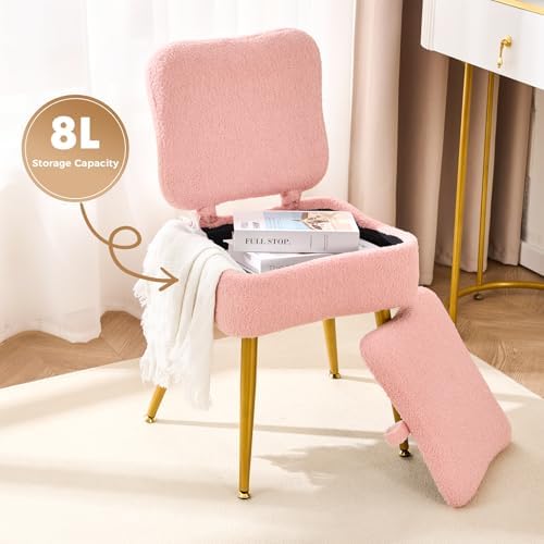 Pink Vanity Storage Chair with Back, Teddy Fleece Vanity Stool - Image 3