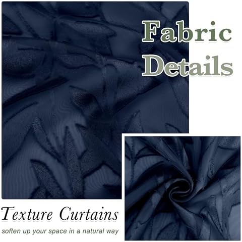 Lecloud Leia Navy Blue Kitchen Sheer Curtains 24 Inch 2 Pcs, Jacquard Leaf - Image 4