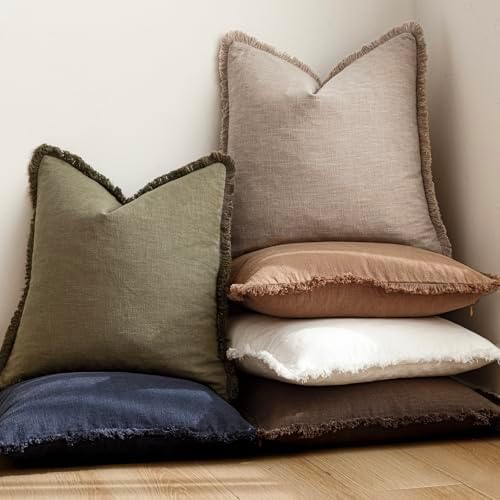 Foindtower Decorative Linen Fringe Throw Pillow Covers 22×22 Natural Linen - Image 6