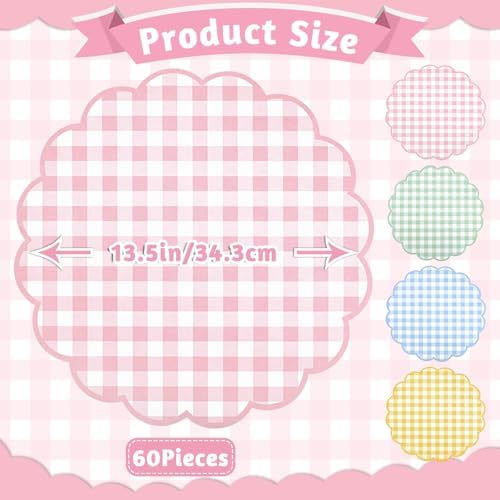 60Pcs Pastel Gingham Paper Placemats, 13.5 Inch Scalloped Checkered Placemat - Image 2