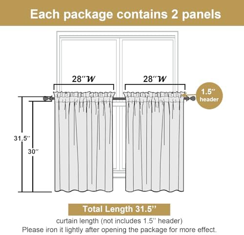 Lecloud Leia White Sheer Kitchen Curtains 30 Inch Length 2 Pcs, Jacquard Leaf - Image 3