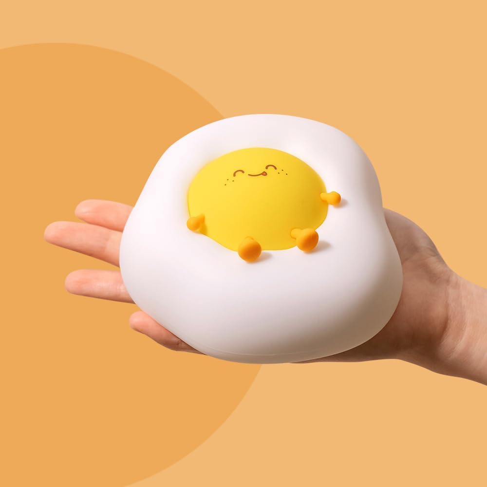 Fried Egg Night Light for Toddler, Kids, Baby, Nursery Warm Ambient Lamp for Snoothing, Sleeping Companion, Auto Off 30Min Timer, Rechargeable Battry Cordless, Soft Silicone Skin
