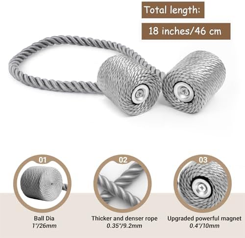 Hion Magnetic Curtain Tiebacks Grey 2pcs, Curtain Tiebacks Buckles Holdbacks - Image 2