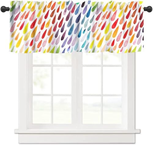 Rainbow Raindrops Valance Curtain, Watercolor Colorful Abstract Water Drops by JanJCurt