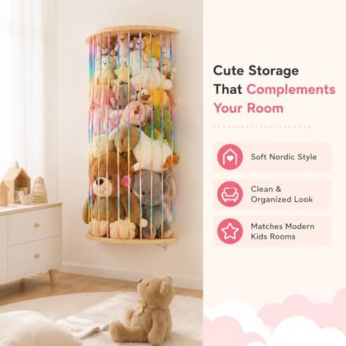 Stuffed Animal Storage Hammock Wooden Half Circle Design Wall Hanging Plush Toy - Image 7