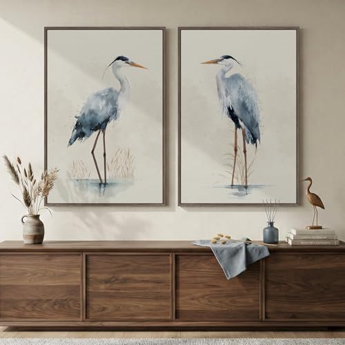 Large Framed Vintage Neutral Blue Heron Bird Wall Art, 2 Piece 24x36 In by Cuspin