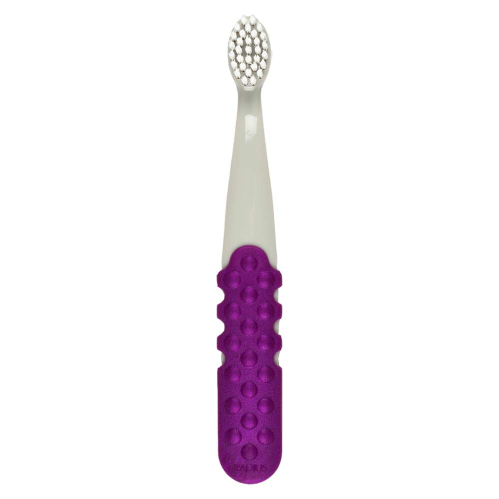 RADIUS Toddler Toothbrush & Toothpaste Bundle for Kids, 2 Pack Totz Plus Silky Soft Brush in White/Coral & Cool Grey/Amethyst Purple and 1 Count Dragon Fruit Toothpaste, for Children 18 Months & Up
