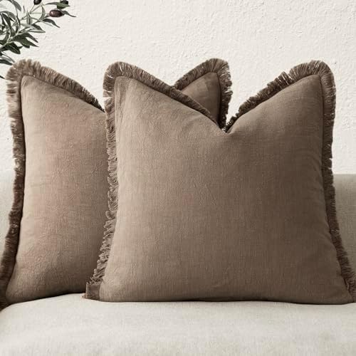 Foindtower Decorative Linen Fringe Throw Pillow Covers 24×24 Light Brown by Foindtower