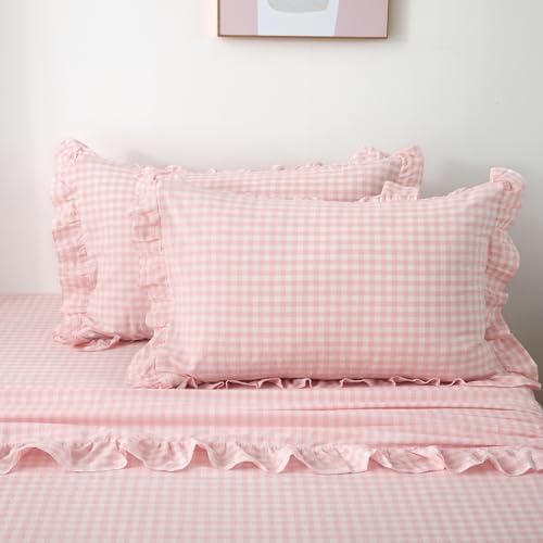 2 Pack Blush White Gingham Ruffle Pillow Shams King Size 20"x36" - Image 3