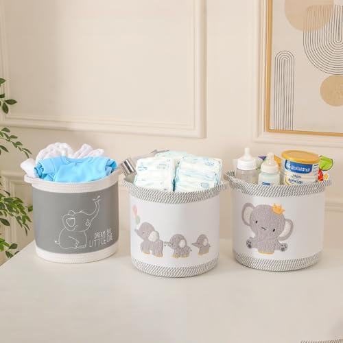 3-Piece Woven Baby Toy Blanket Storage Baskets Laundry Hampers, Elephant Design - Image 4