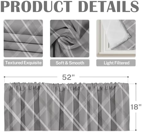 Emvency Valances for Windows, 2 Pack, 52x18 Inch, Plaid Checkered - Image 3