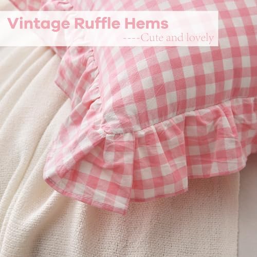 2 Pack Coral Pink Gingham Ruffle Standard Pillow Shams 20"x26" - Image 5