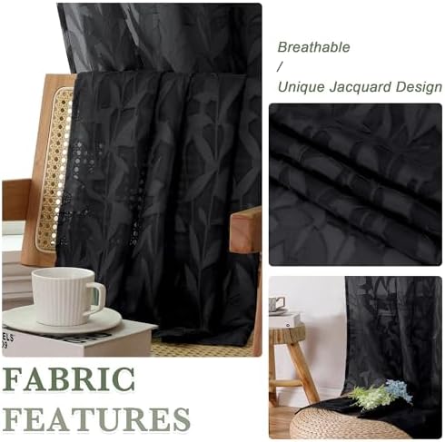 Lecloud Leia Black Sheer Curtains 108 Inches Long 2 Pcs, Elegant Jacquard Leaf - Image 5