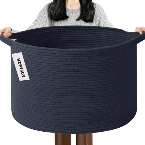 115L Extra Large Woven Cotton Rope Laundry Basket-Navy Blue by HZFTJOY