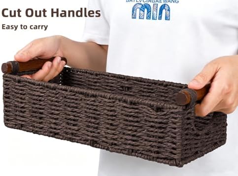 CubesLand Small Wicker Toilet Basket Tray Organizer W/Cut Out Handle - Image 3