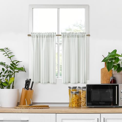ZJDECOR Cotton Blended Semi Sheer Green Stripe Tiers Cafe Panel by ZJDECOR