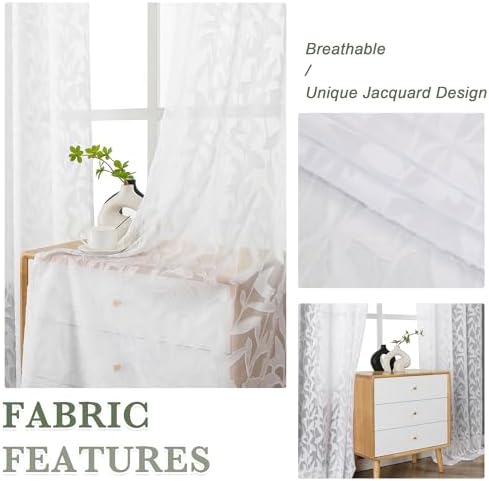 Lecloud Leia White Sheer Curtains 90 Inches Long 2 Panels, Airy Voile Jacquard - Image 7
