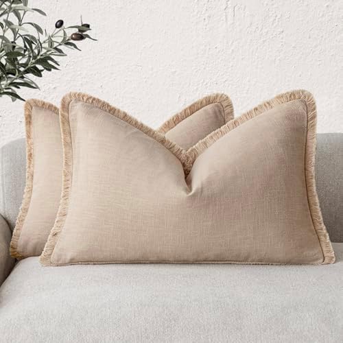 Foindtower Boho Linen Fringe Lumbar Throw Pillow Covers 12×24 Tan Beige by Foindtower
