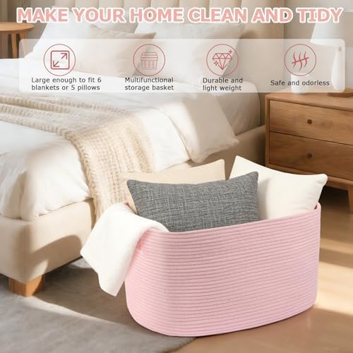25"x16"x16" Rectangle Pink Woven Blanket Basket, Large Basket - Image 6