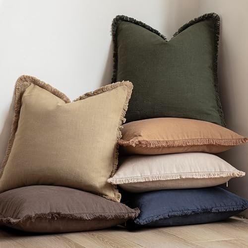 Foindtower Decorative Linen Fringe Throw Pillow Covers 24×24 Light Khaki - Image 6