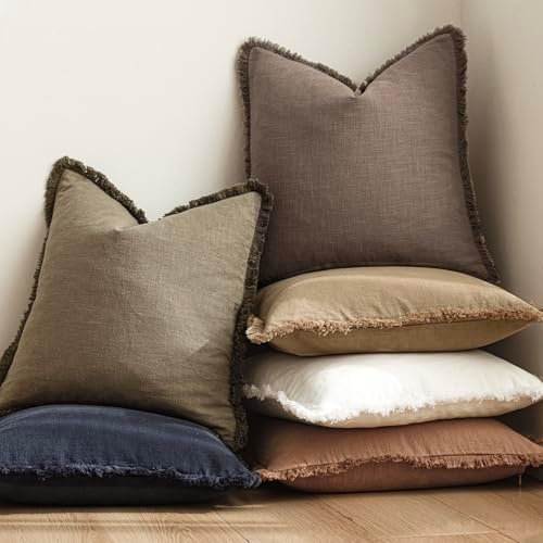Foindtower Decorative Linen Fringe Throw Pillow Covers 20×20 Light Coffee - Image 6