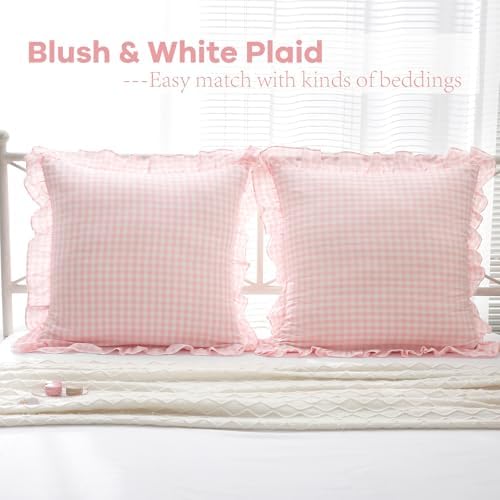 2 Pack Blush White Gingham Euro Pillow Shams 26''x26'' - Image 2
