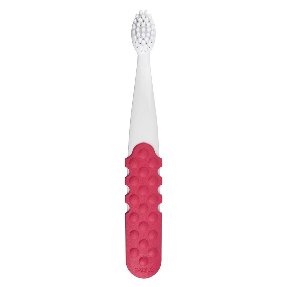RADIUS Toddler Toothbrush & Toothpaste Bundle for Kids, 2 Pack Totz Plus Silky Soft Brush in White/Coral & Cool Grey/Amethyst Purple and 1 Count Dragon Fruit Toothpaste, for Children 18 Months & Up