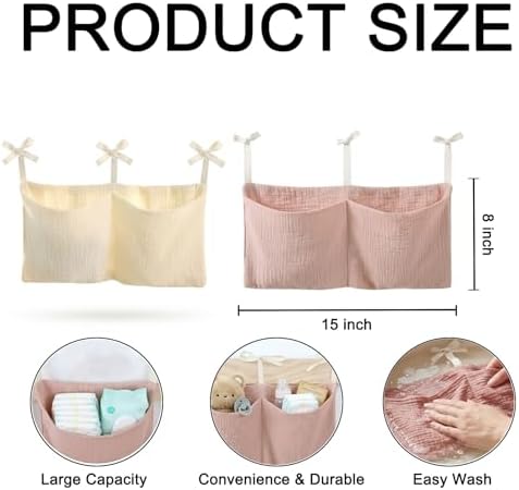 2pc Crib Organizer Hanging Storage Bag, Soft Muslin Bedside Nursery Caddy - Image 2