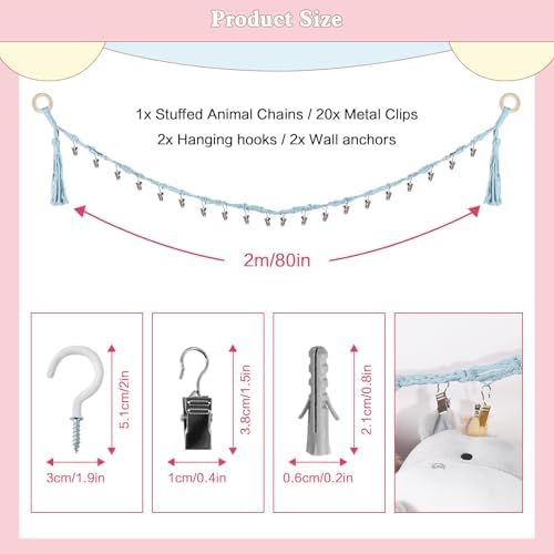 CERETIA 80" Stuffed Animal Organizer Chain, Wall Corner Storage, Baby Blue - Image 5
