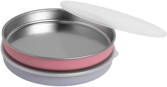 Elk and Friends 7.8” Stainless Steel Non Divided Plates with Silicone Sleeve + Storage Lid | Baby, Toddler, Kids | Dishwasher Safe | Dinner & Snack Plates | 2 Pack
