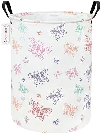 Foldable Waterproof Round Fabric Laundry Basket Home, Colorful Butterfly by QUEENLALA