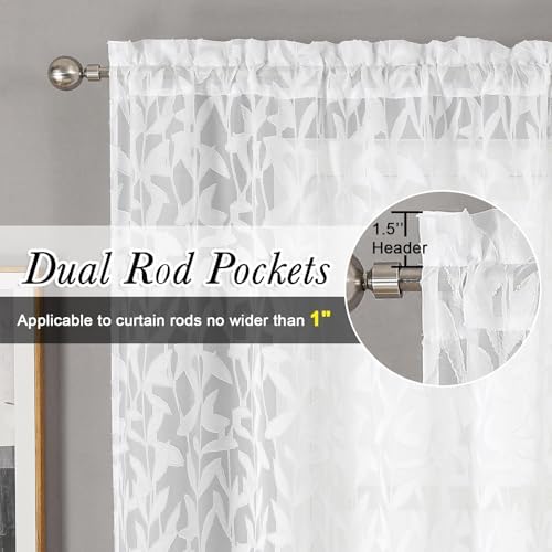 Lecloud Leia White Sheer Kitchen Curtains 30 Inch Length 2 Pcs, Jacquard Leaf - Image 5