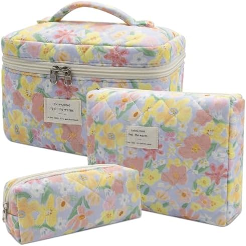 Gosect 3pc Makeup Bag Set, Quilted Makeup Bag Set, Large Floral Cosmetic Bag by Gosect