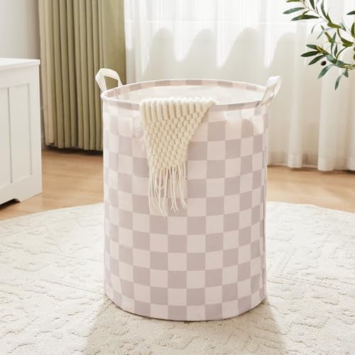 Ohocut Beige Khaki Checkered Laundry Basket, Collapsible Aesthetic Cute Canvas by Ohocut
