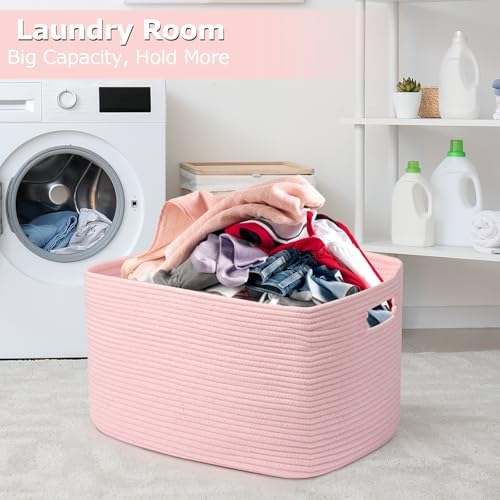 25"x16"x16" Rectangle Pink Woven Blanket Basket, Large Basket - Image 4