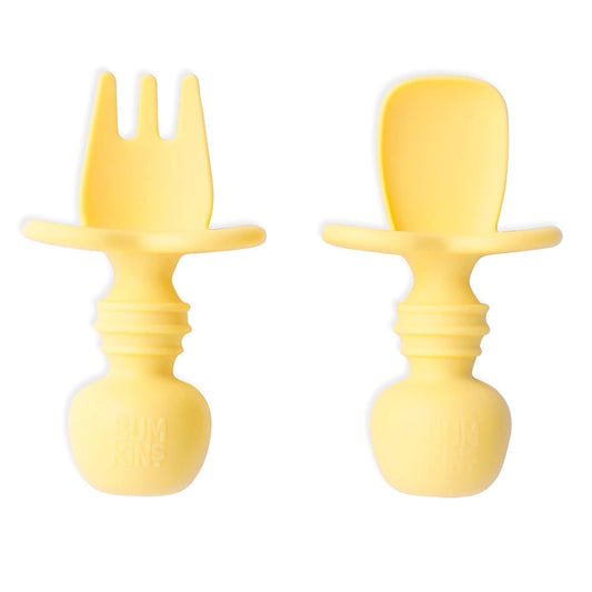 Bumkins Baby Utensils Set, Chewtensils Silicone Spoons for Dipping, Self-Feeding, Baby Led Weaning, Trainer Learning, First Stage Eating, Soft Practice Fork and Spoon, Babies 6 Months, Pineapple
