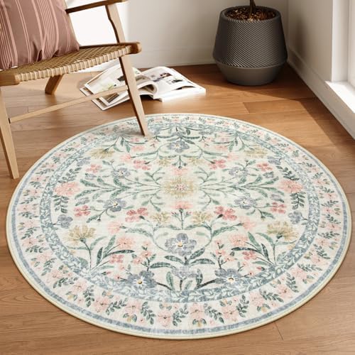 Lahome Sylvie Round Boho Floral Rugs 4ft, Cream Washable Circle Rugs by Lahome