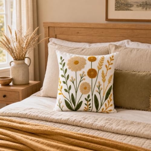 Embroidered Throw Pillow Cover, 18x18 Inch Floral Decorative Pillowcase - Image 4
