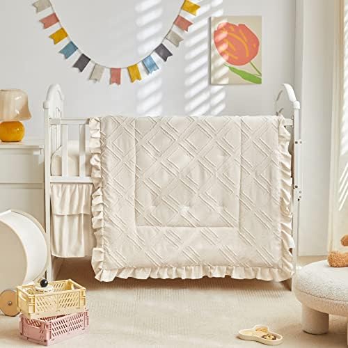 Tufted Ruffle Crib Bedding Set 3 Pieces Baby Boho Quilted Comforter - Image 2