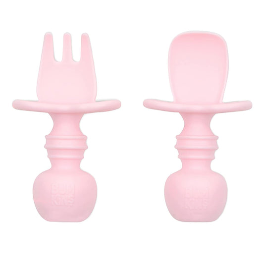 Bumkins Baby Utensils Set, Chewtensils Silicone Spoons for Dipping, Self-Feeding, Baby Led Weaning, Trainer Learning, First Stage Eating, Soft Practice Fork and Spoon, Babies 6 Months, Pink