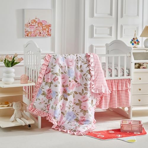 3 Pieces Flowers Crib Bedding Set Baby Ruffled Quilted Comforter - Image 5