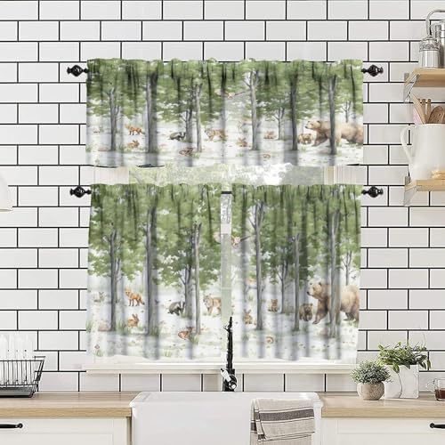 Forest Valance Curtain for Kitchen, Cartoon Forest Nature Animal Bear, Rabbit - Image 4