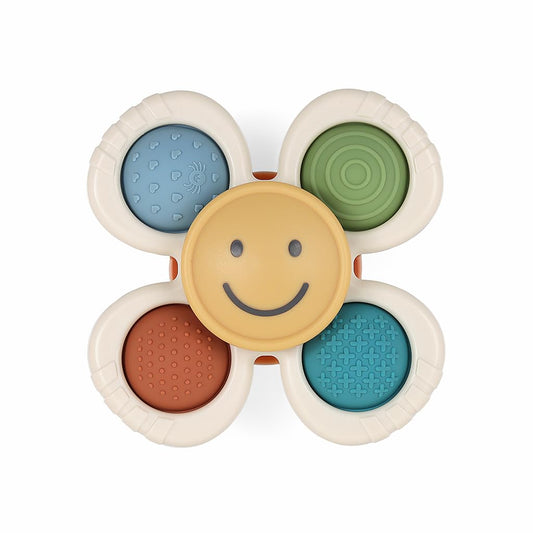 Itzy Ritzy Fidget Toy with Sensory Poppers & Suction Cup; Fidget Toy Sticks to Highchairs, Tables or Tubs While Spinning & Engaging Baby with 4 Textured Poppers, Smile