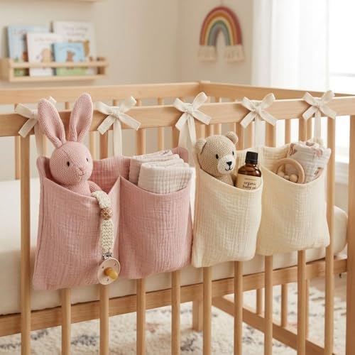 2pc Crib Organizer Hanging Storage Bag, Soft Muslin Bedside Nursery Caddy - Image 4