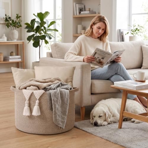 115L Large Blanket Basket, Woven Rope Laundry Basket-Brown - Image 4