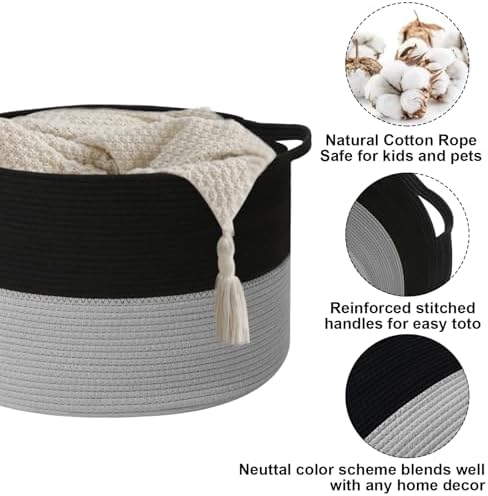 115L Large Blanket Basket, Woven Laundry Basket-Black&Light Grey - Image 3