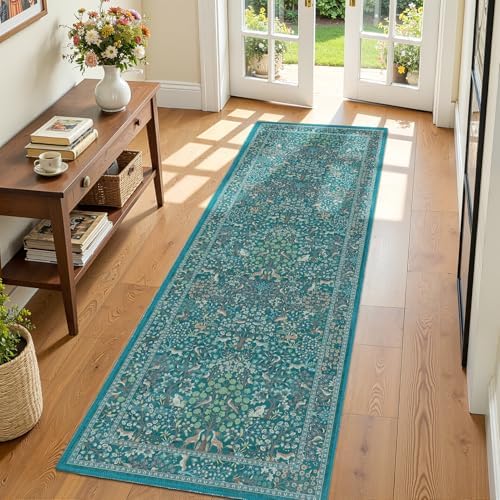 Whimsical Teal 2x6 Runner Rug for Entryway, Low Pile Ultra Thin Boho Kitchen by Jainmy