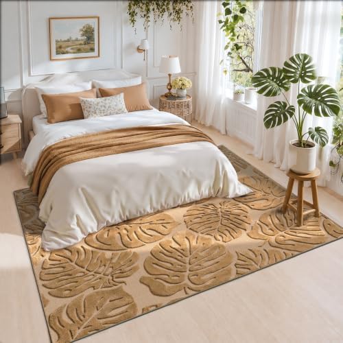 Brown Monstera 5x7 Area Rugs High-Low Plush Pile Washable - Image 2